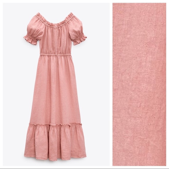 NWT. Zara Pink Linen Ruffled Cold Shoulders Midi Dress. Size S. - Picture 7 of 11